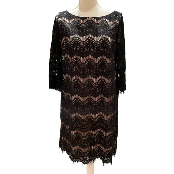 DRAPERS AND DIAMONDS BLACK LACE 3/4 SLEEVE DRESS NUDE LINING LACE EDGES FLAPPER - Picture 1 of 3